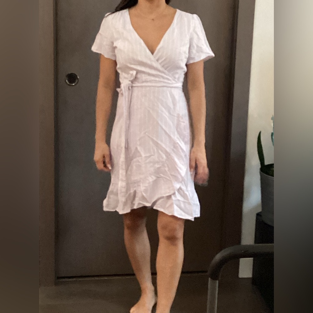 The gap extra small wrap dress in very light lavender and white pinstripes